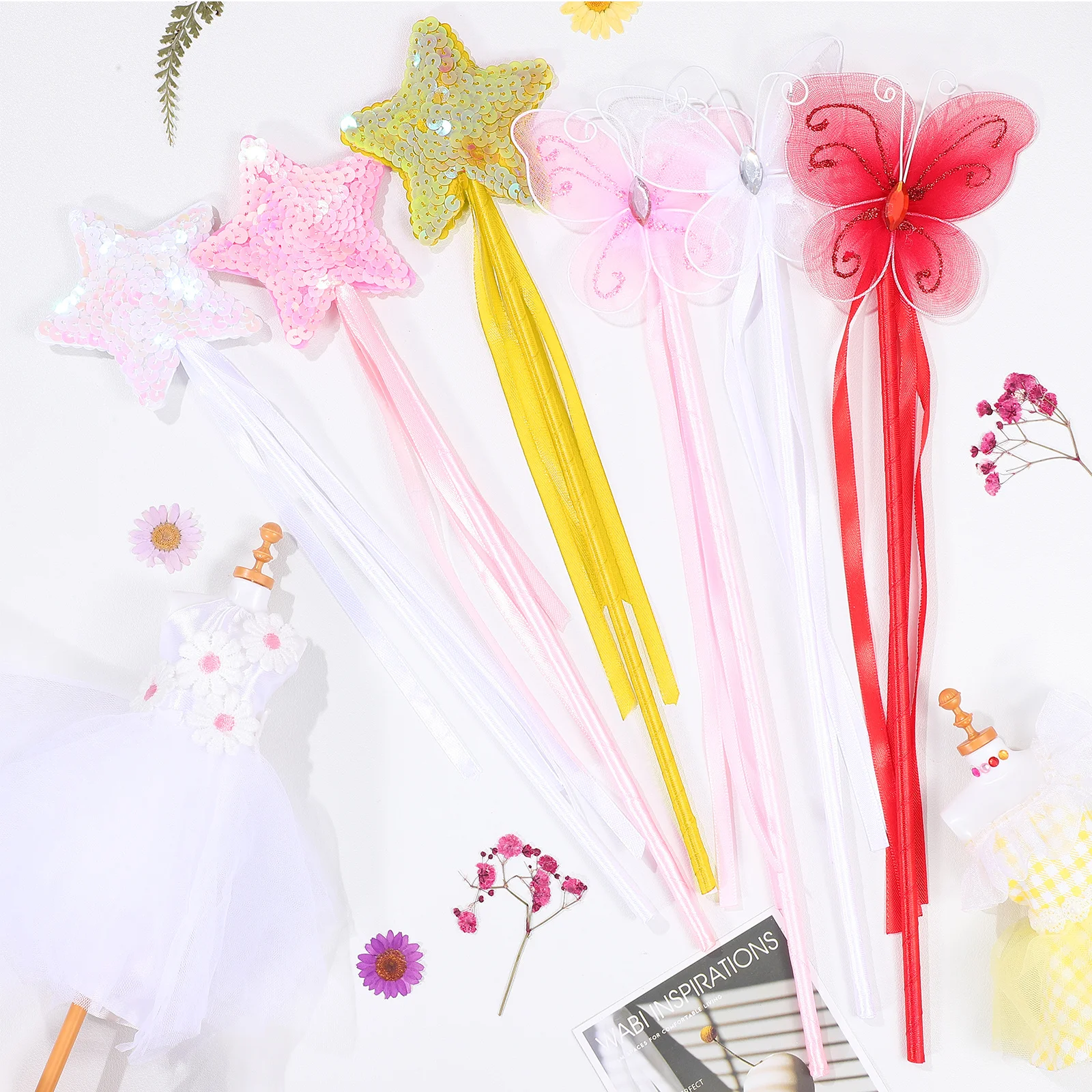 6Pcs Fairy Wands Kit Star and Butterfly Shapes Kids Cosplay Party Props Costume Props Girls Fairy Sticks Star Wands