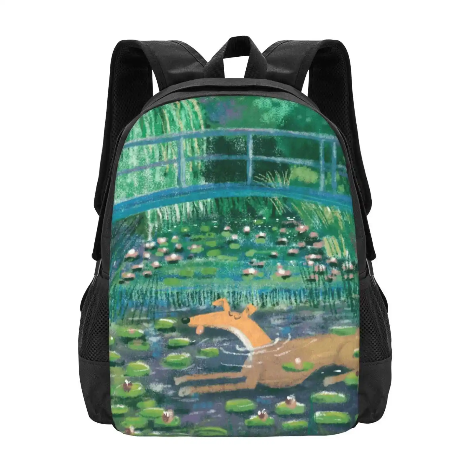 Greympressionism School Bag Big Capacity Backpack Laptop Greyhound Whippet Lurcher Dogs Cartoon Impressionism Water Lillies