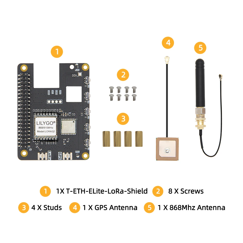 LILYGO® Accessories LoRa-Shield for T-ETH-ELite with GPS, LR1121, SX1262, SX1276, SX1280, Supports 433Mhz, 868Mhz, 915Mhz, 2.4G