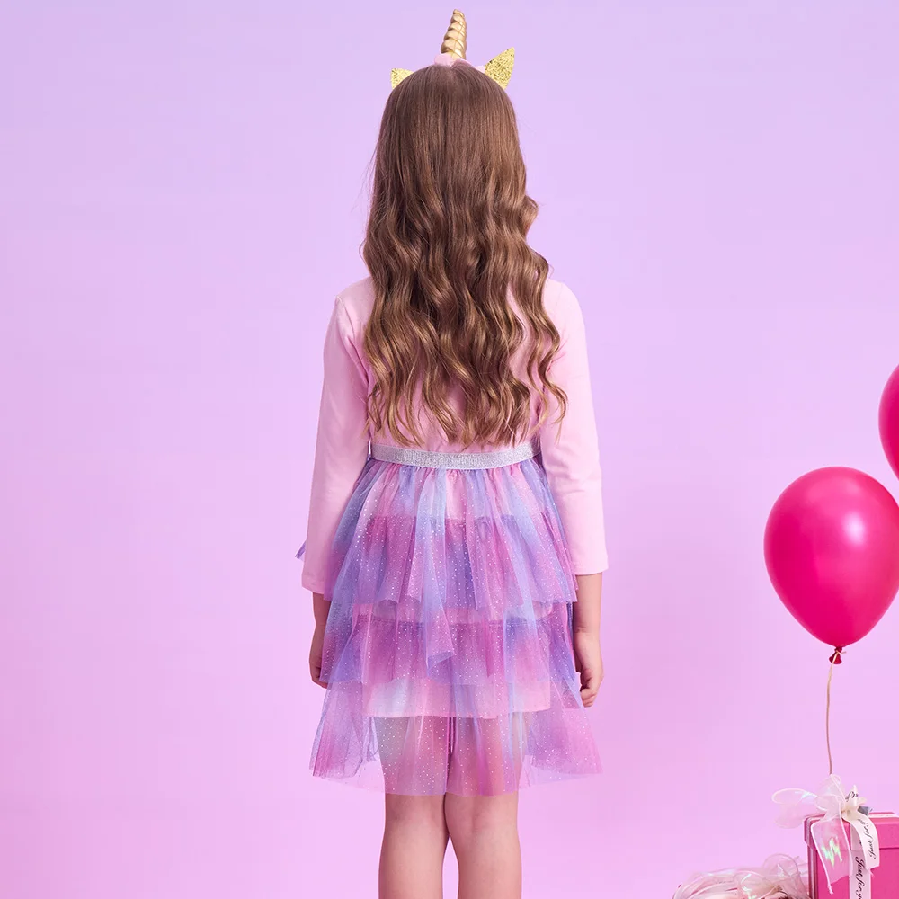Girls Long Sleeve Pink Purple Unicorn Cartoon Dress Kids Gradient Layered Tulle Skirt Glitter Crown Princess Party Casual Dress