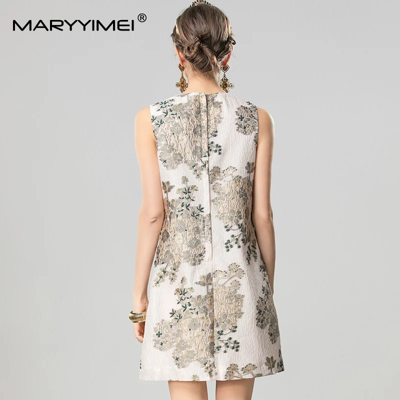 MARYYIMEI Frühling Sommer Neue Stil Vintage Designer Kleid Frauen Perlen Ärmellose Jacquard Kurze Kleider High Street Kleidung