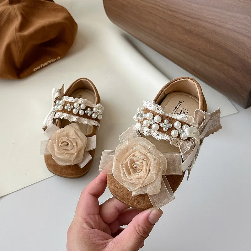 

Girls Pu Suede Leather Shoes Spring Autumn New Mesh Rose Flower Flats Rhinestone Pearl Bow School Princess Loafer Size 23-34