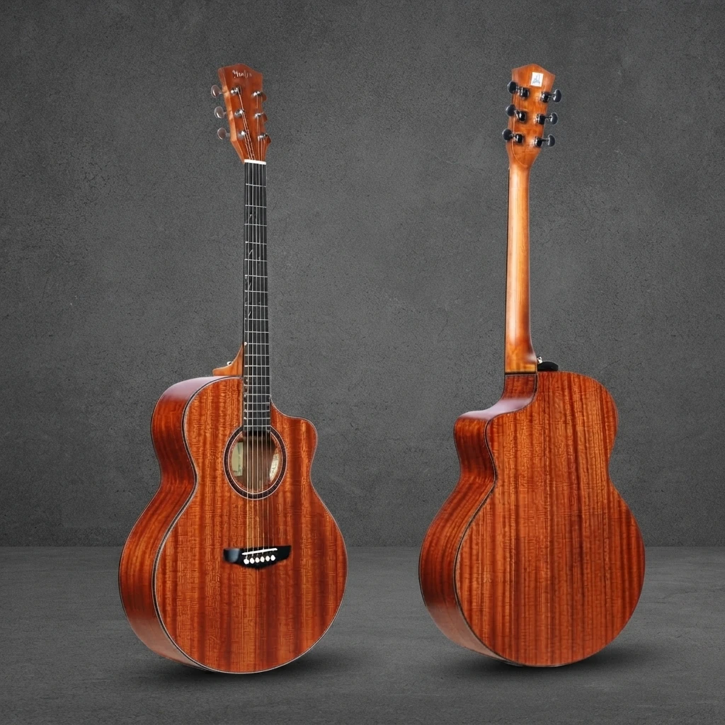 Glossy Brown Body Acoustic Guitar, 6 Strings, Cutaway, Slim Neck, Chrome Tuners, White Bridge Pins, Dot Inlay for Beginners