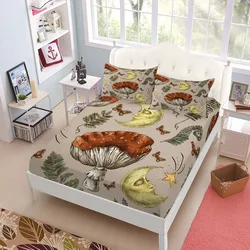 Botanical Mushroom Fitted Sheet Set King Queen Double Full Size Bed Linen Set