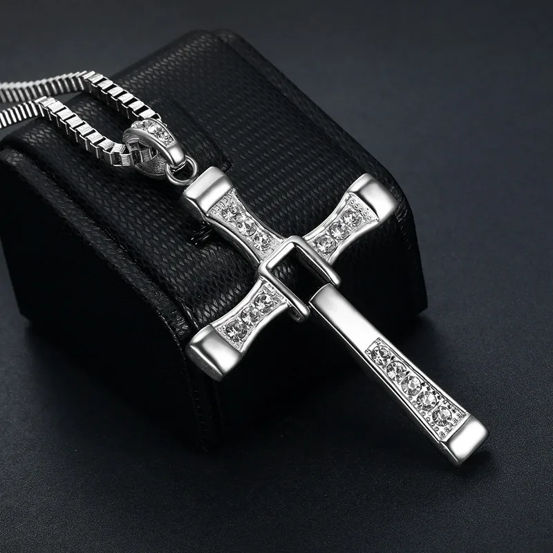 316L stainless steel Fast Furious Movies Actor Dominic Toretto Rhinestone Cross gold color Pendant Chain Necklace Men Jewelry