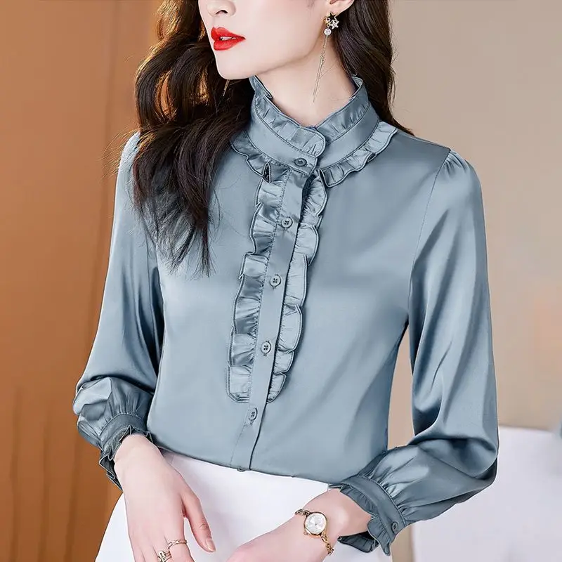 spring autumn stand collar Long Sleeve shirt women Solid color Button Cardigan elegant satin face edible tree fungus Pleated top