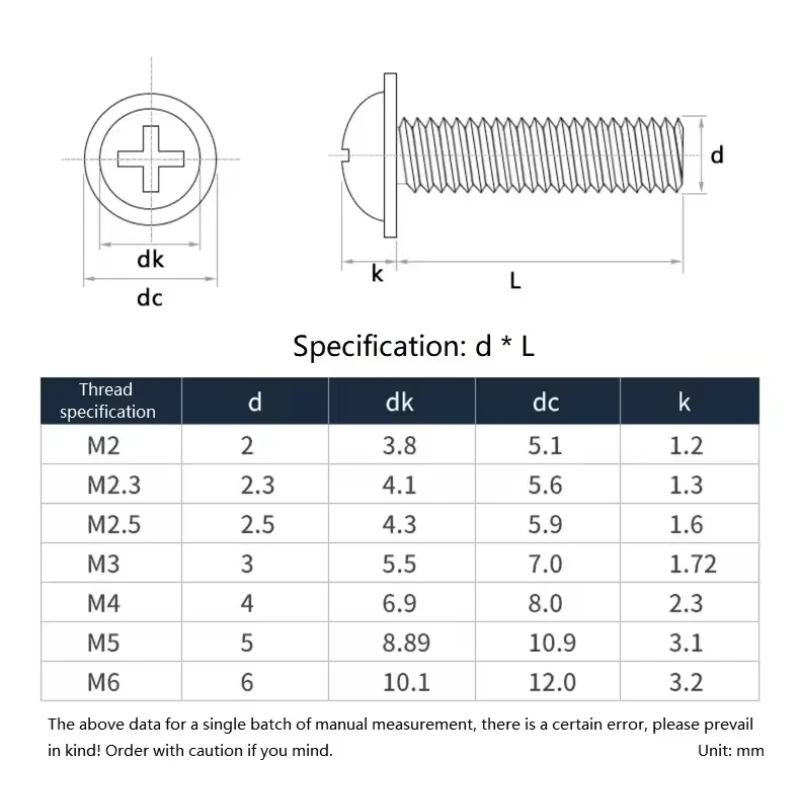 2-30pcs M3 M4 M5 M6 316 Stainless Steel Cross Phillips Pan Round Truss Head With Washer Padded Collar Screw Bolt
