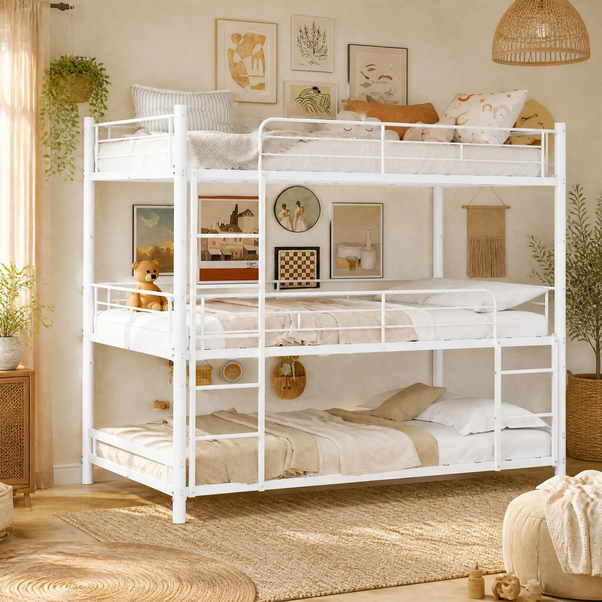 Modern metalen 3-laags bedframe 90x190 cm met geïntegreerde ladder en volledige bedhekken