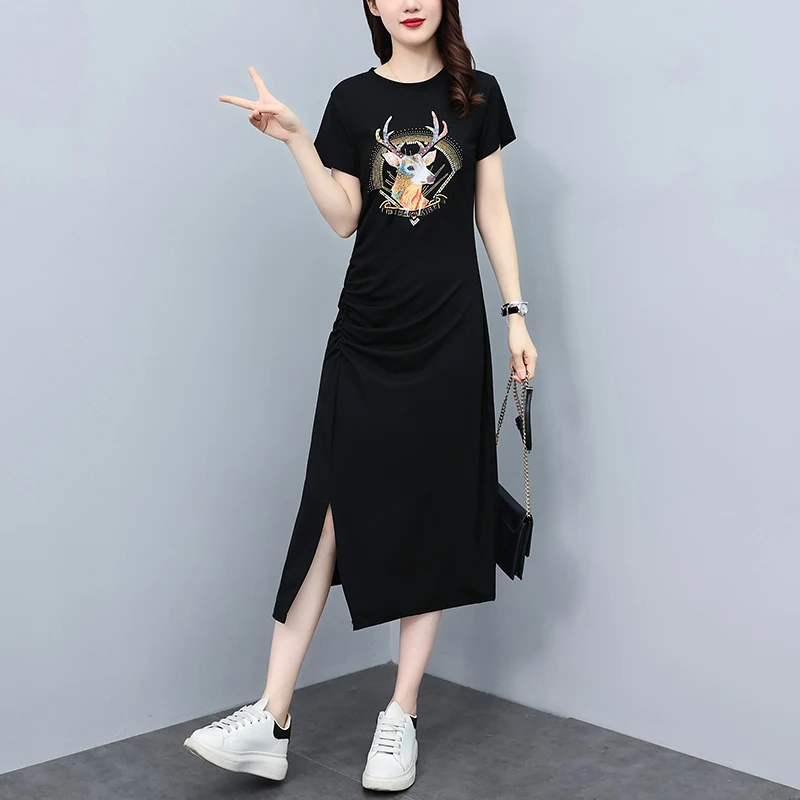 Large Size L-5XL Deer Print T Shirt Midi Long Dress Short Sleeve Folds High Spilt Fashion Casual Dresses For Women Vestido Robe