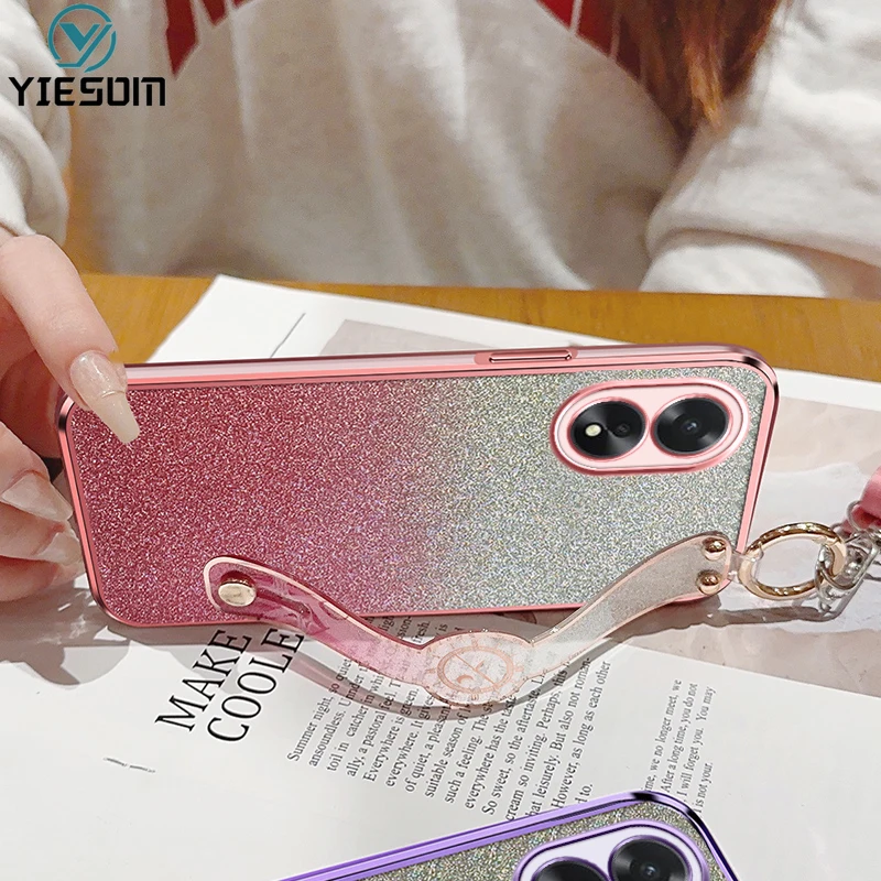 Glitter Wrist Strap Phone Case for OPPO A60 A98 A79 A58 A38 A18 4G A17 Soft Silicone Phone Holder Bracket Cover