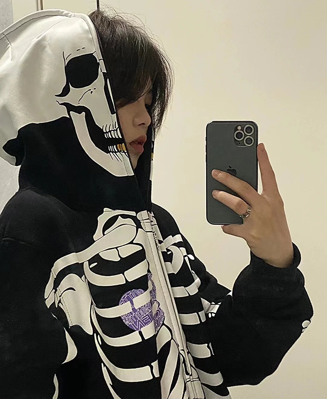 

Street Sle Punk Y2K Millennium Trendy Print Hoodie Women's Loose Fce Jaet Long Sve Casual Streetwear Sweatirt