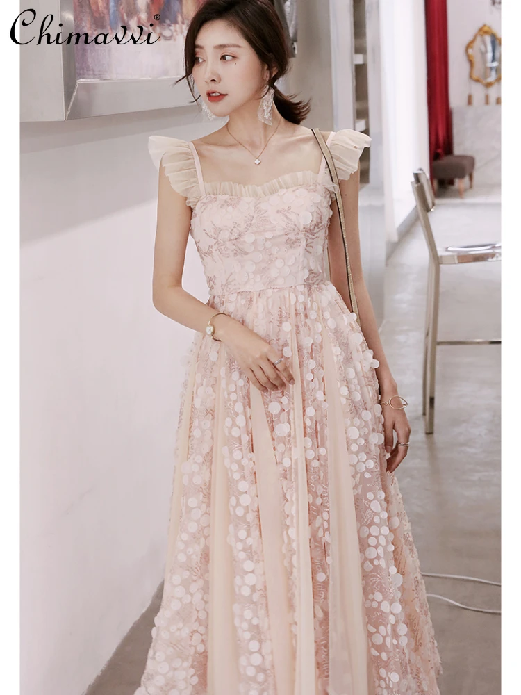 French Style Beaded Sequins Mesh Embroidered V-neck Flying Sleeves High Waist Slim Fit A-Line Elegant Sling Long Dress Women