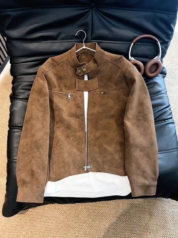 

American Sle Thiened ort Leather Jaet Men's Winter Motorcycle Pilot Jaet Baseball orm Stand Collar Zipper Closure