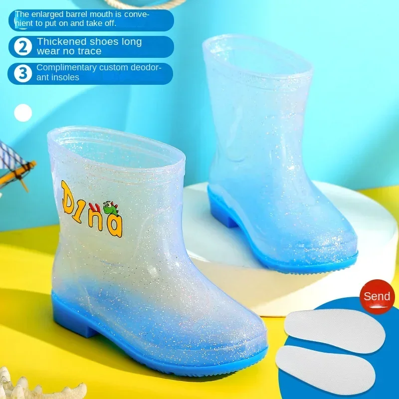 Sequin Transparent Children\'s Rain Boots Cartoon Pattern Kids Anti Slip Waterproof Soft Sole Thick Bottom Shoes Rainy Weather