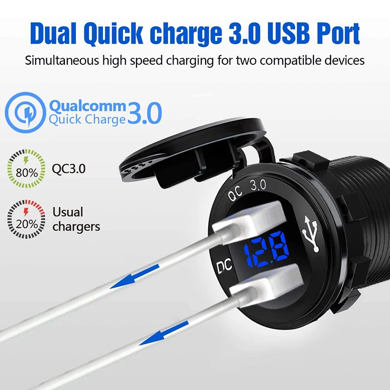 Schnellladegerät Aluminium QC3.0 Dual USB Autoladegerät mit Schalterknopf LED Spannungsanzeige für 12V/24V Autos Boote Motorrad – Detail 1