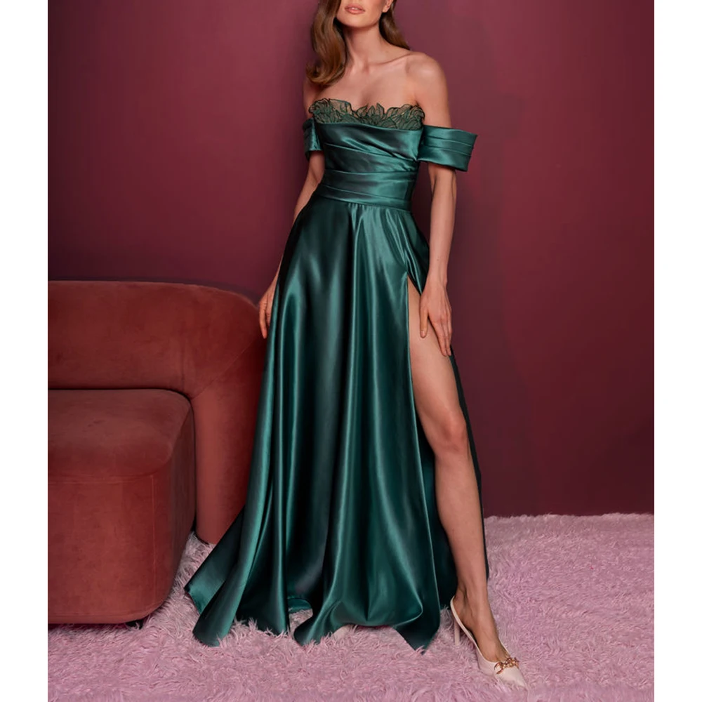 

Luxury Blackish Green Evening Dresses Off the Shoulder Long A-line Slit Dresses Floor Length Ball Party Evening Banquet Growns