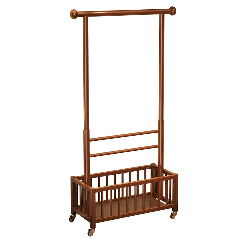 Solid wood hanger floor-to-ceiling bedroom movable vertical hanger household clothes storage dirty clothes basket integrated