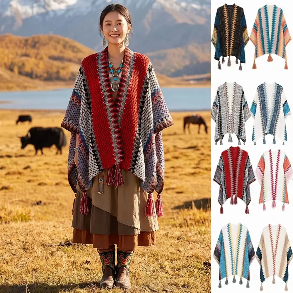 Retro Printing Ethnic Style Shawl Neck Wrap Warm Knitted Cape Bohemian Fashion Tassel Scarves Outdoor
