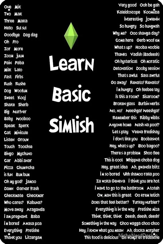 How To Speak Simlish - The Basics To The Unique Language of The SIMS Poster  Funny Metal Tin Sign Game Room Man Cave Wall Decor