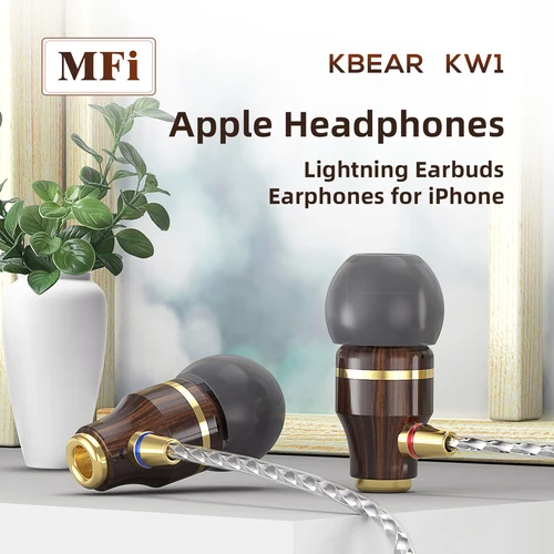 Imagen 2 del producto KBEAR KW1 con cable de madera de pera en la oreja HIFI auriculares de alta resolución Monitor auriculares TypeC 3,5mm para iPhone Lightning