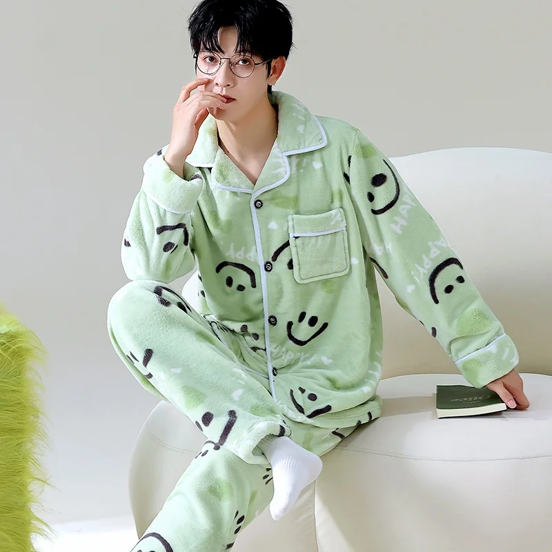 Cartoon Winter Pajamas Men's Open Cardigan Thiened Loose Warm Autumn Winter Flannel Home Clothes New Arrival Luxury Sle L...
