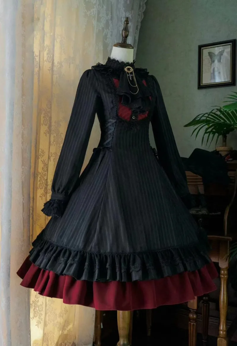 Black Manor Lolita Langes Kleid Frühling Herbst Retro Gestreifter Stehkragen Elegantes Gothic Laminiertes Rüschenrand Prinzessinnenkleid
