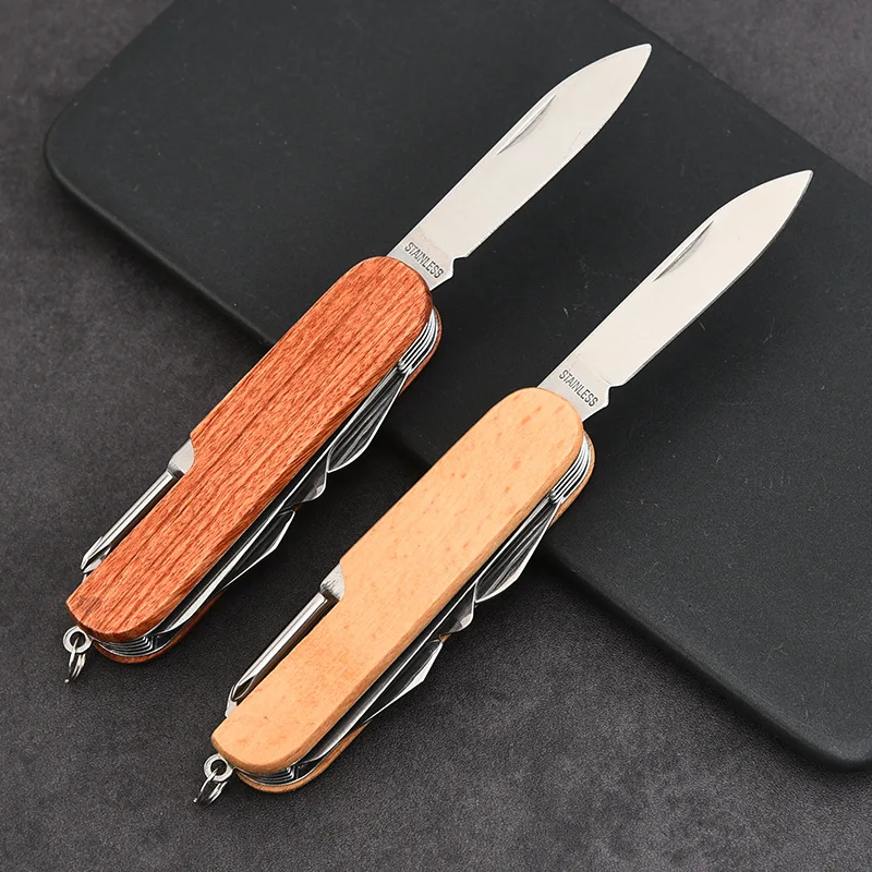 11in 1Multi -functional Outdoor Combination Tool Camping Swiss Army Knife of Wooden Handle Stainless Steel Folding Knife