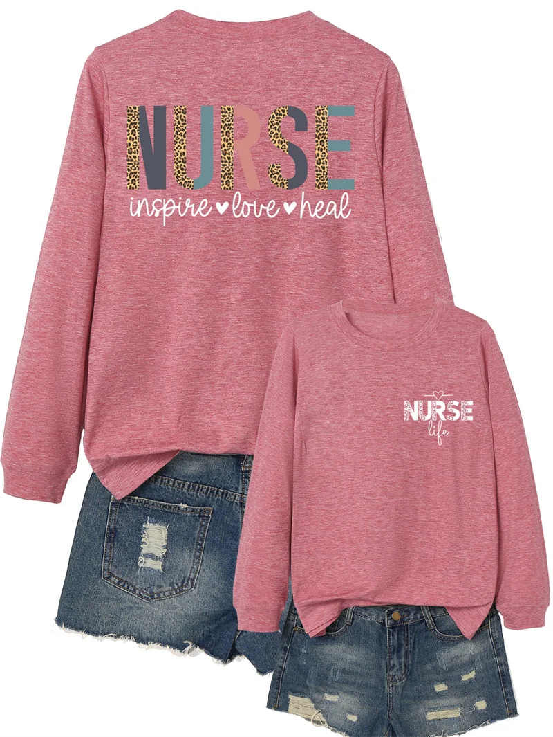 New spring and autumn women's cotton Nurse in spire love heal Nurse leopard print letter print round neck long sleeve T-shirt