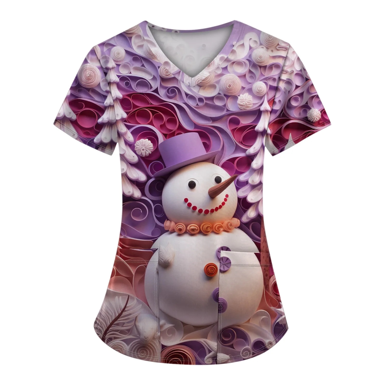 زي نسائي مطبوع عليه عيد الميلاد ، زي موحد للعمل ، جيب برقبة على شكل حرف V ، توبات واقية ، مقاس كبير ، مقاس كبير