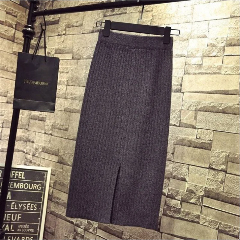 New Fashion Spring Autumn Women's High Waist knitted Solid Color Half Length Elastic Skirt Promotions Lady Wrap Hip Spilt Skirts