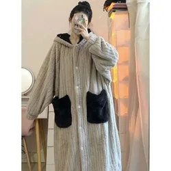 Coral Fleece Bath Robe Long Hooded Warm Bathrobe Winter Loose Flannel Robe Women Thick Female Dressing Gown Robes Loungewear