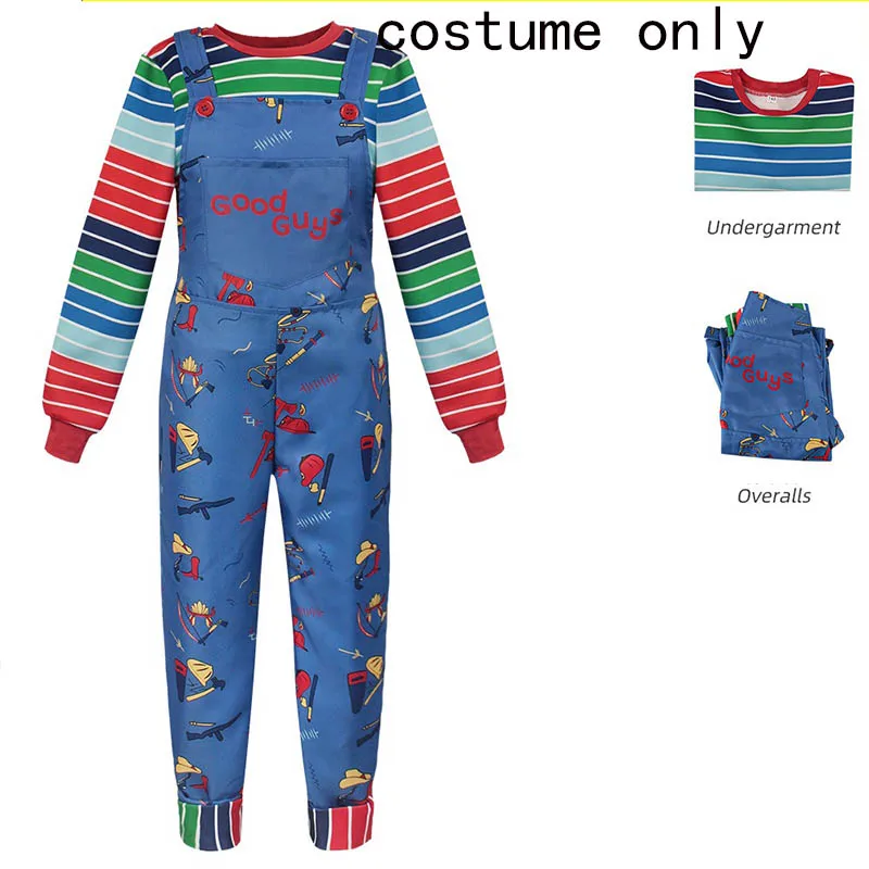 Chucky-Cosplay-Kostüm für Erwachsene mit gestreiftem Hemd und Overall für Chucky-Overalls, Halloween-Kostüme