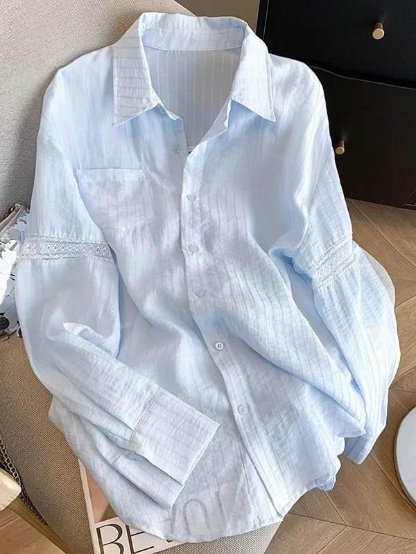 

Sun Protection Lace Splice Striped Women's Shirt Guangzhou Thirteenth Factory High Quality Fashionable Casual Summer Long Sleeve