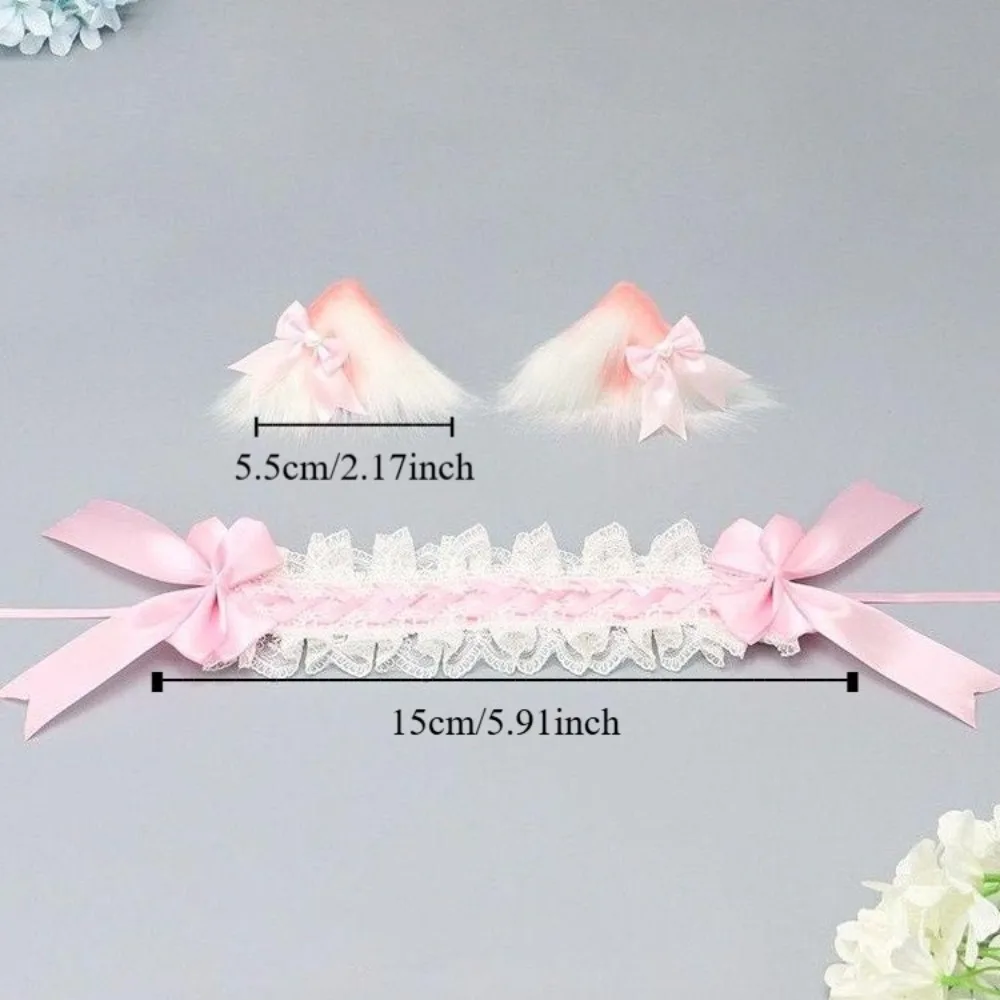 Orecchie di gatto di peluche dolce Lolita Fascia di pizzo Fiocco di nastro Kawaii Fascia increspata Accessori per capelli Jk Barrettes Copricapo in maschera