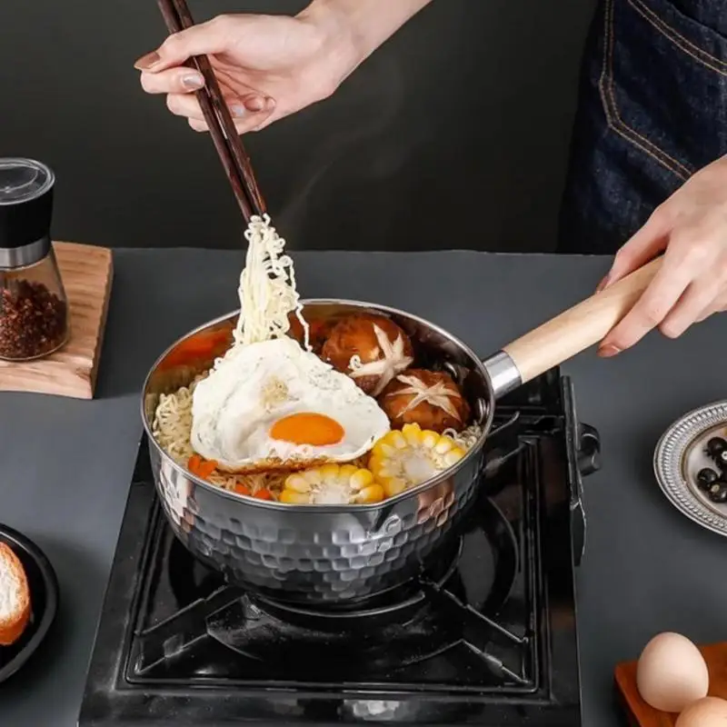【S】Stainless Steel Soup Pot Snow Pot Flat Bottom Non-Stick Wok Solid Wood Handle With Hook Stew Pot Milk Pot Kitchen Cookware
