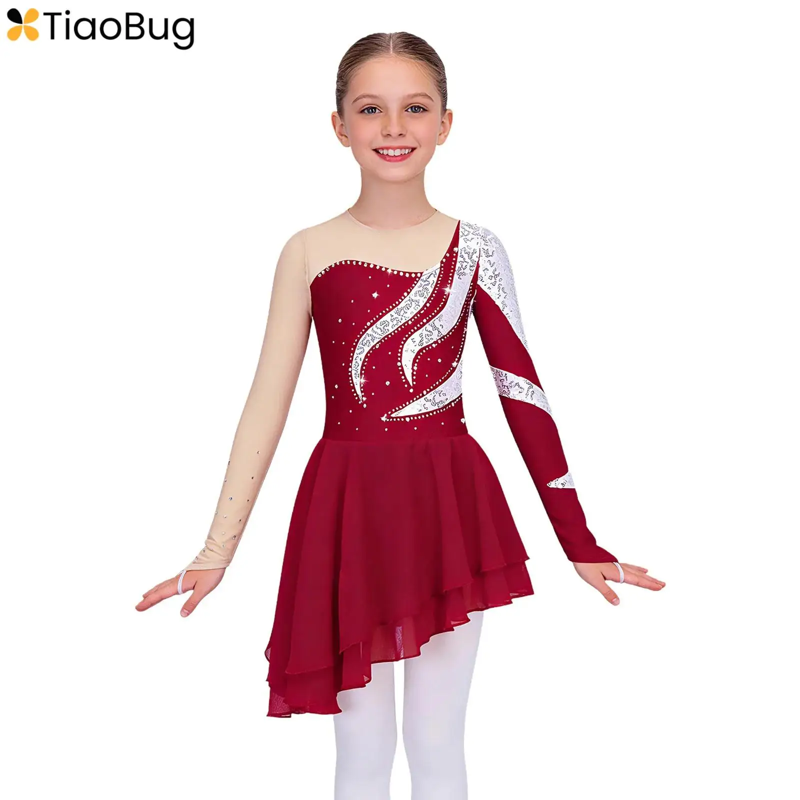 

Детское балетное платье для девочек с блестящими пайетками и длинными рукавами, асимметричное сетчатое трико с юбкой, гимнастическое платье для фигурного катания, танцевальная одежда