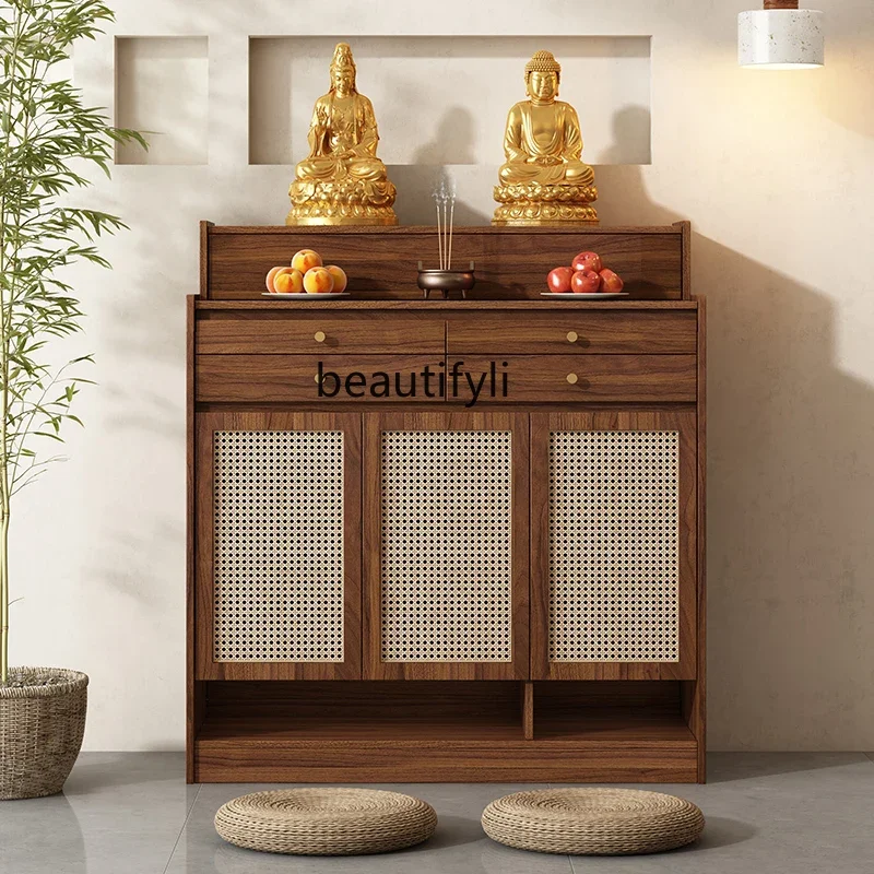 NQ Rattan solid wood table incense case household new Chinese Shentai Buddhist table living room middle hall cabinet