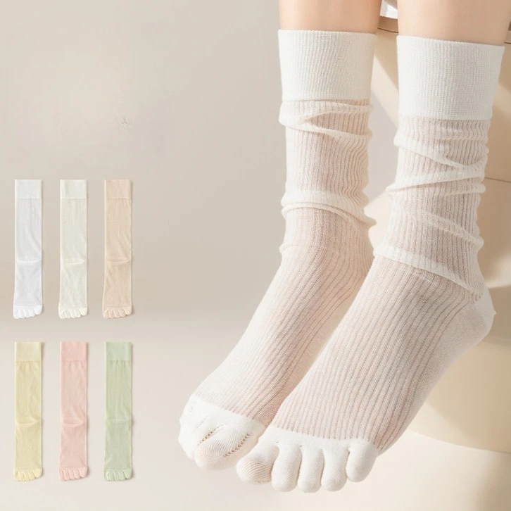 

Женские летние тонкие носки до середины икры с пятью пальцами, милые однотонные дышащие цветные впитывающие пот носки с ворсом в стиле Лолиты