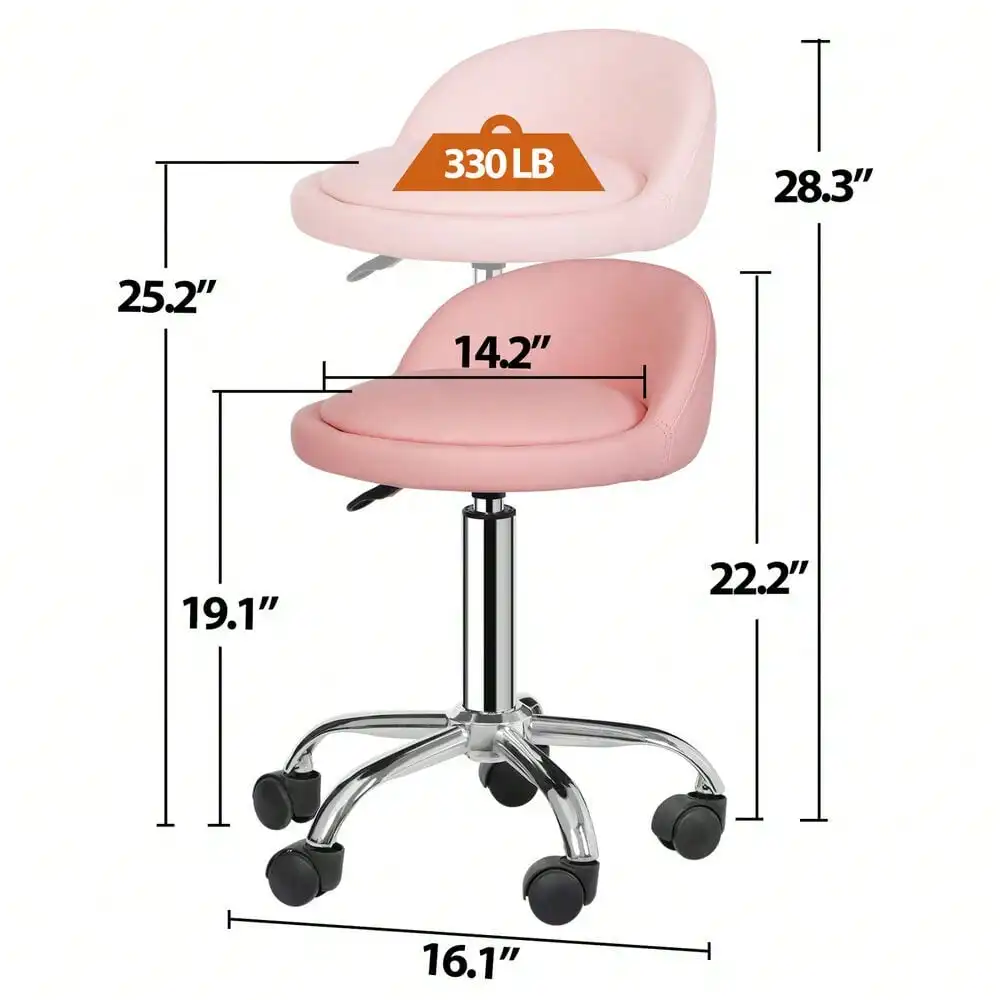 2PCS Adjustable Rolling Salon Stool PU Leather Hydraulic Swivel Chair Pink