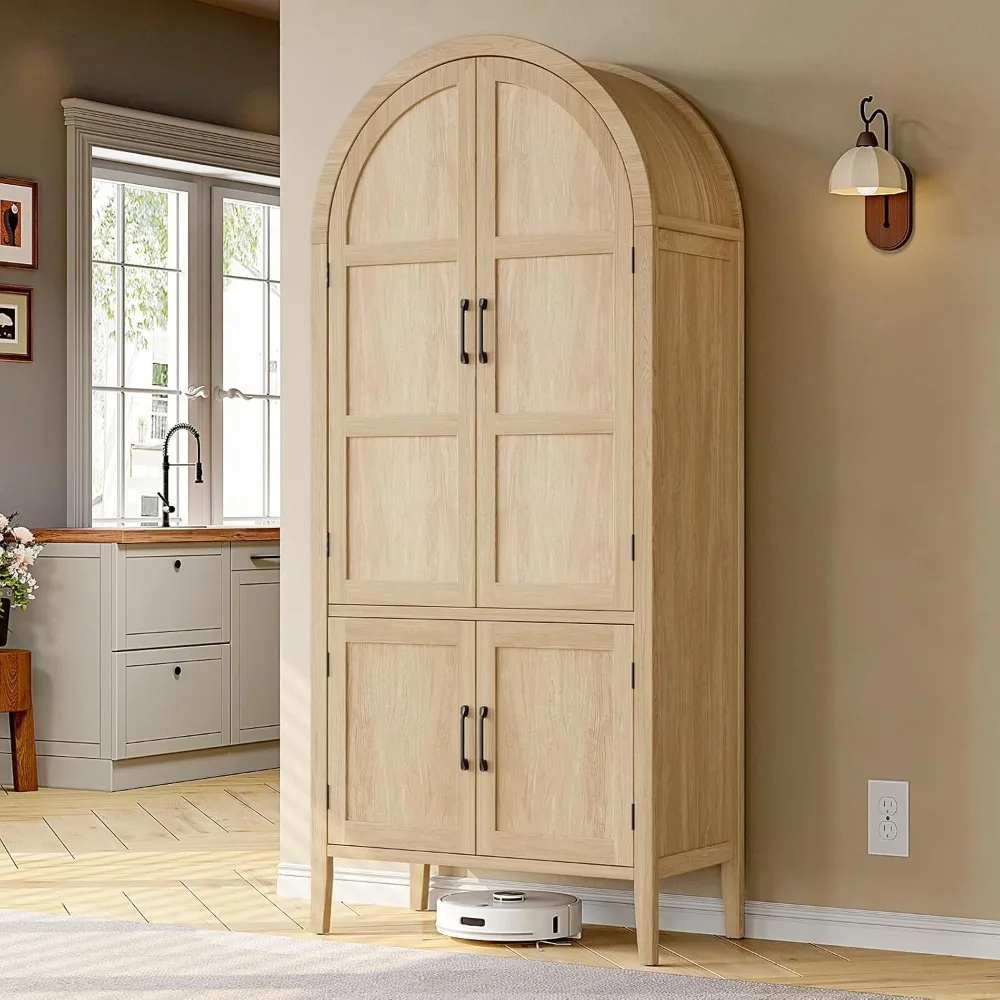 

"71 Inch Tall 5-Tier Wooden Arched Kitchen Pantry Cabinet with Door and Shelves, Farmhouse Style Storage Solution"