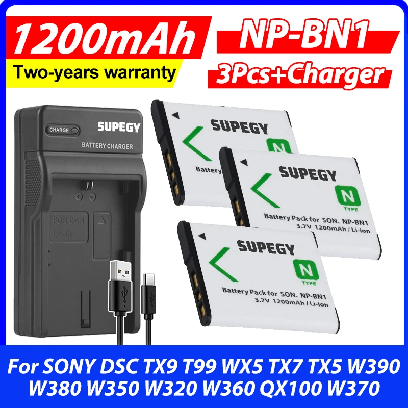 

3-Pack NP-BN1 NPBN1 NP BN1 BN Battery&USB Charger For SONY DSC TX9 T99 WX5 TX7 TX5 W390 W380 W350 W320 W360 QX100 W370