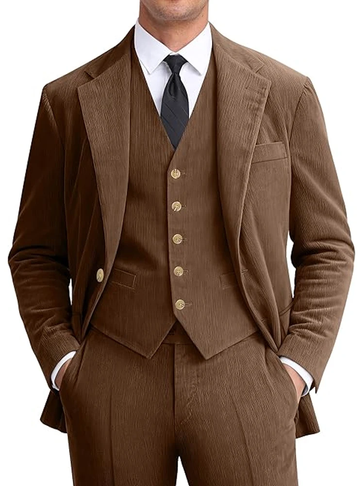 

Corduroy Men's Suit Set Slim Fit 3 Pieces Blazer Vest Pants Suits for Men Vintage Wedding Party Formal Business Jacket Coats New
