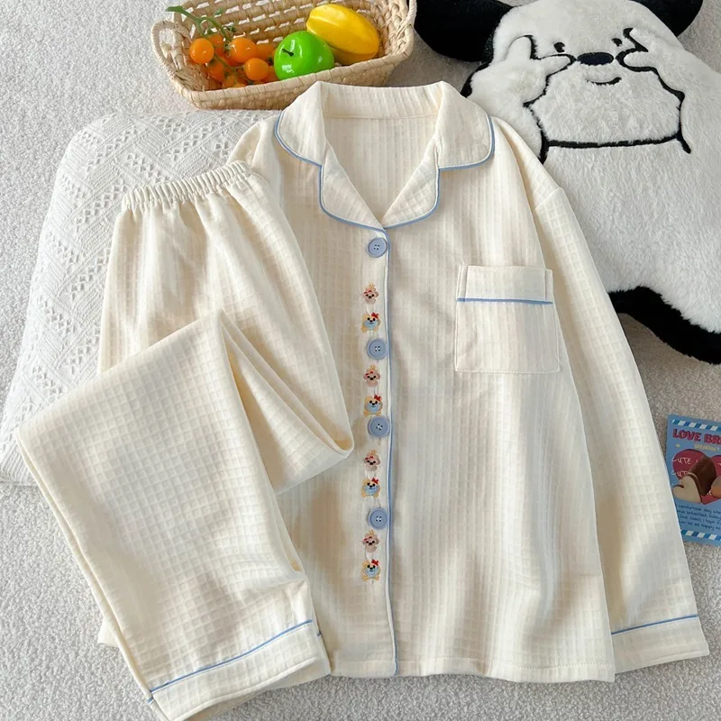 

Комплект из 2 предметов, женская одежда для сна с длинными рукавами, домашняя одежда, кардиган с вышивкой, милые модные пижамы, домашняя одежда, осенне-зимний новый пижамный комплект