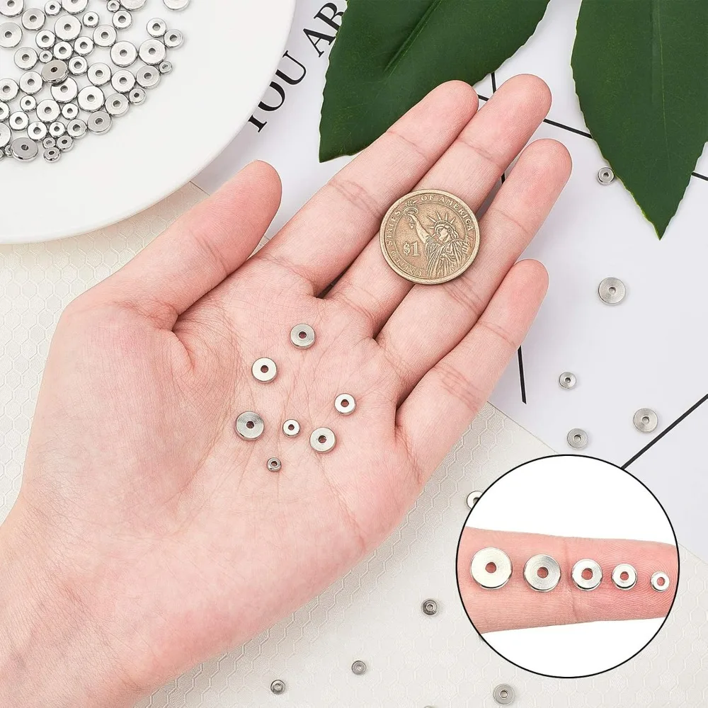 5 Sizes Spacer Beads 100pcs Flat Round Stainless Steel Beads 1.2-2mm Small Hole Metal Spacers Flat Metal Beads for Bracelet Neck