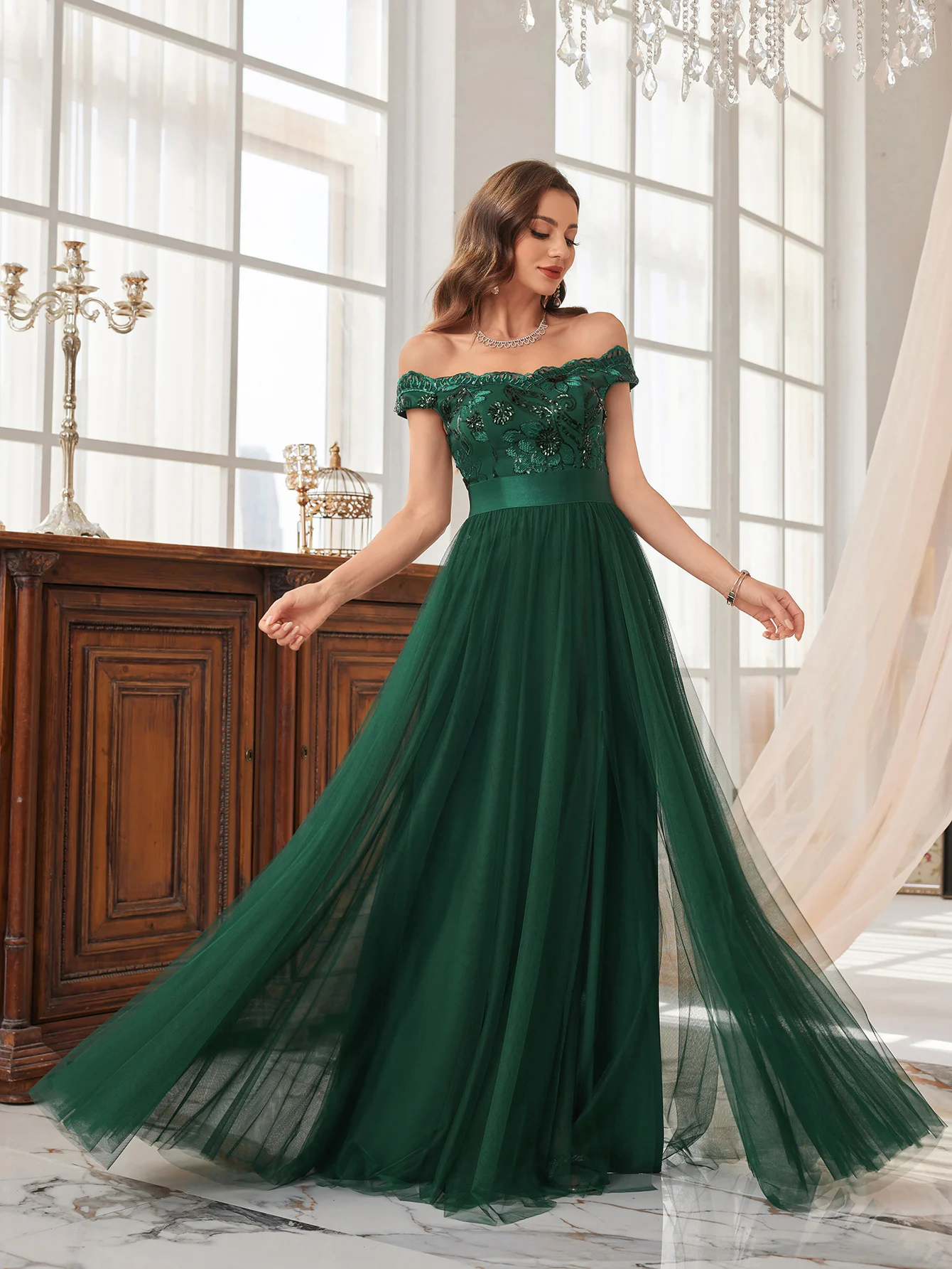 UNITHORSE Abito da donna elegante con spalle scoperte, alta fattura, perline, cuciture con paillettes, vita stretta, abito da ballo con spacco alto, tessuto a rete