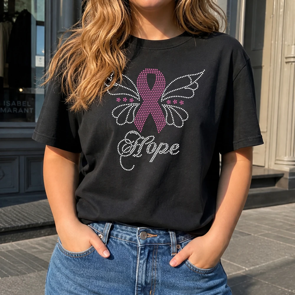 Hope Butterfly Crystal Graphic T Shirt Women Breast Cancer Awareness Month Gift For Fashionable Women Luxury Top