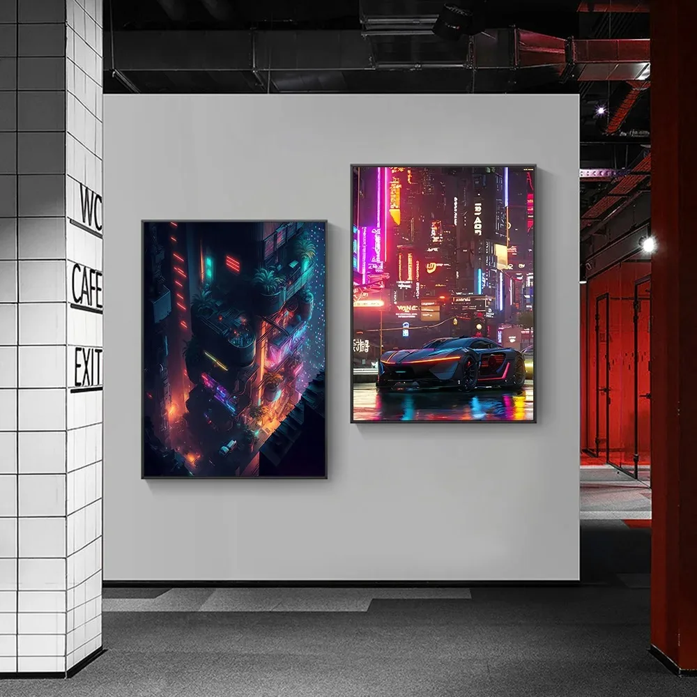 Future Neon City Night Scenery Canvas Painting Wall Art Cyberpunk Tone Landscape Poster Prints For Living Room Home Decor Gift