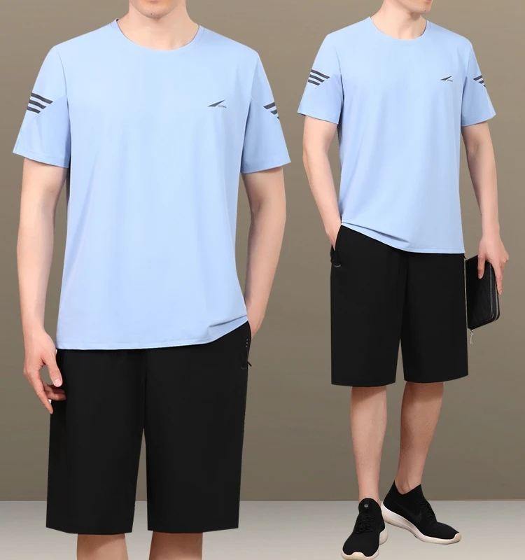

Father's Day Men's Sportswear Ice Silk Thin ort Sve T-irt Two-Piece Set Summer Cool Lightweight Dad Casual Wear