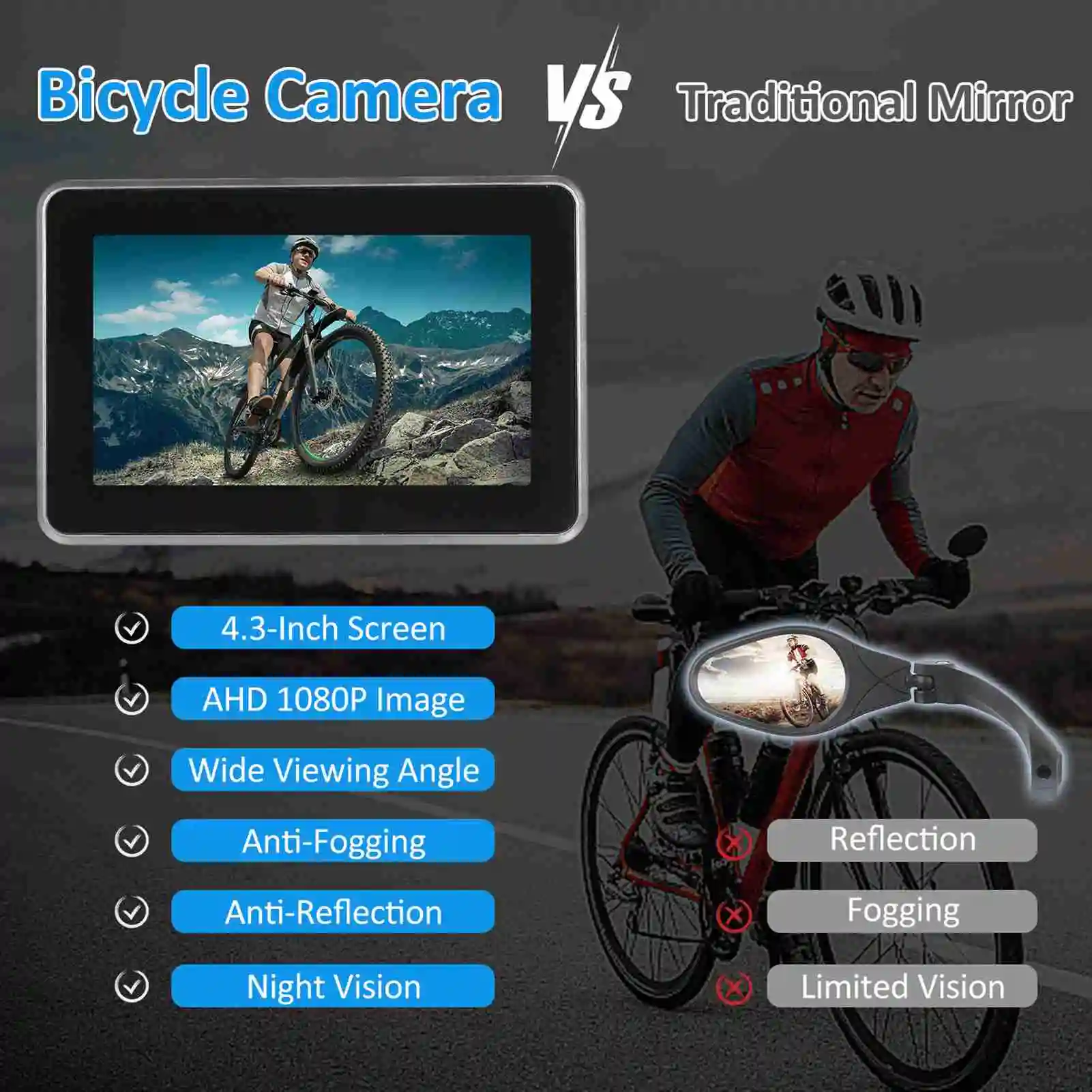 Caméra de recul pour vélo, 4.3 pouces, écran HD 1080P intégré, Rechargeable, Portable, écran réglable, caméra de recul
