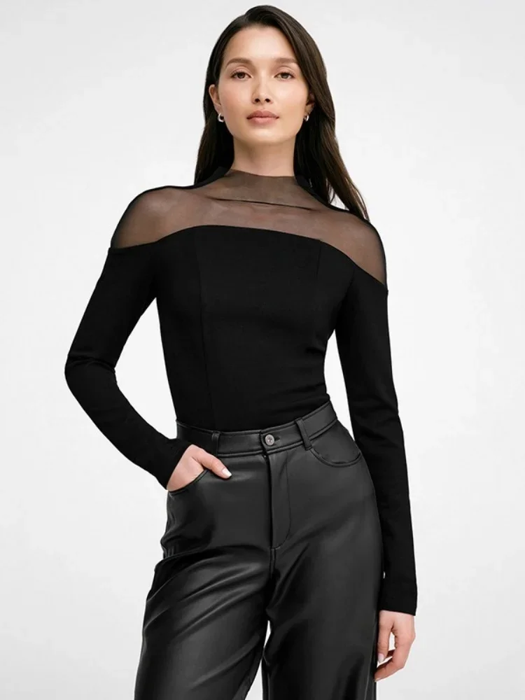 

Black T Shirts For Women Y2k Clothes Mesh Patchwork Crop Top Turtleneck Ropa De Mujer Long Sleeve Camisetas Slim Fit Tshirt